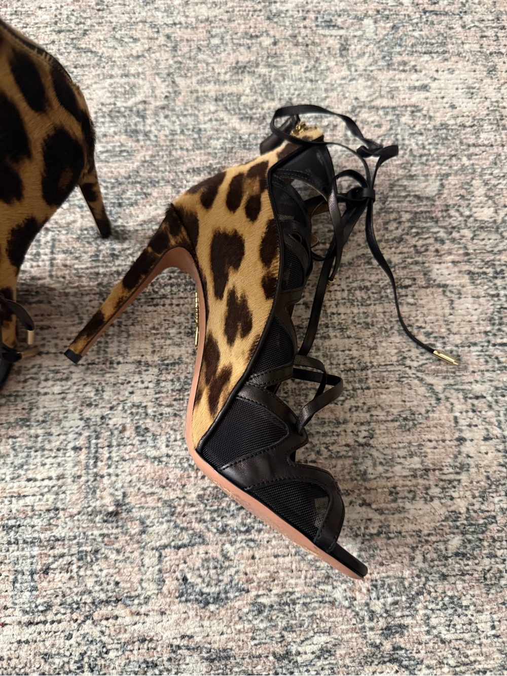 Aquazzura Leopard Print and Black Lace-Up Stiletto Sandals - Picture 2 of 12